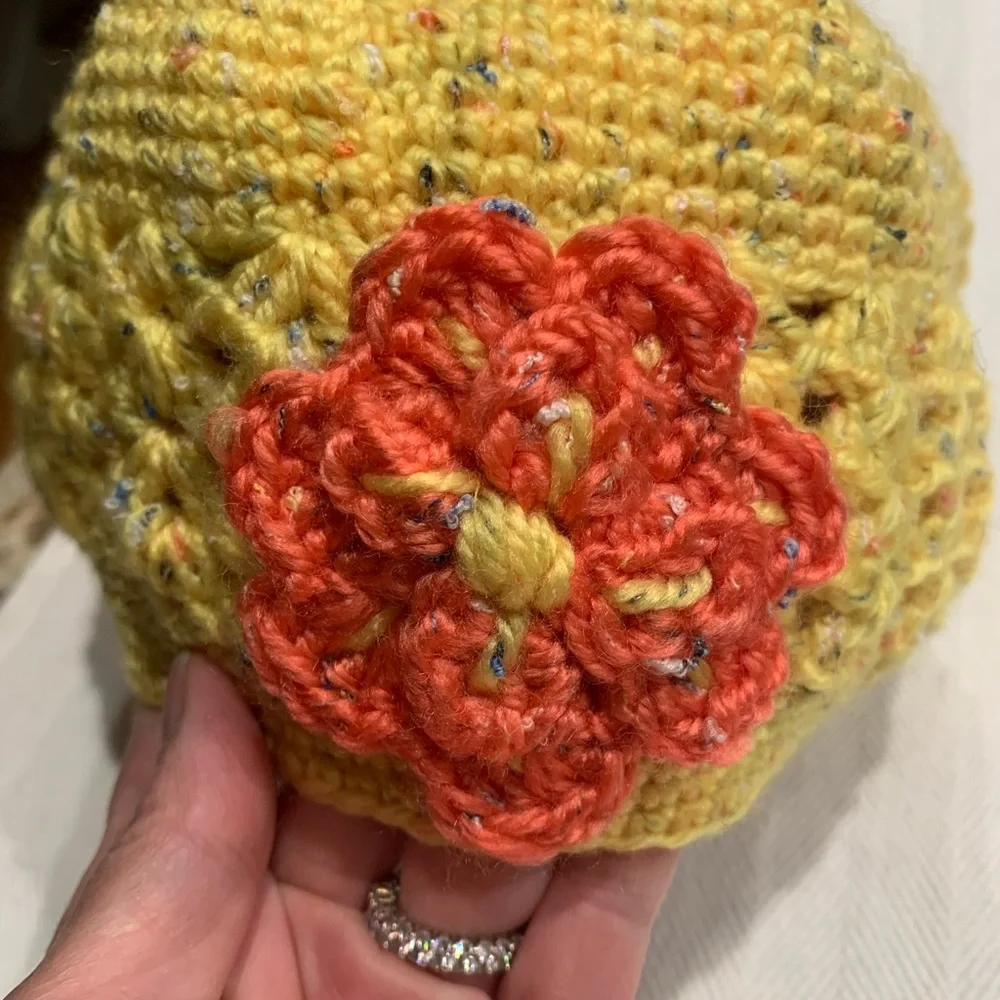 Yellow Knitted Kids Hat with Orange Flower